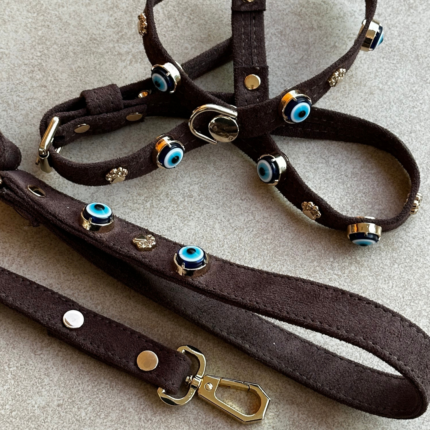 Suede Evil Eye Dog Harness | Dark Chocolate 🧿 PAW LONDON