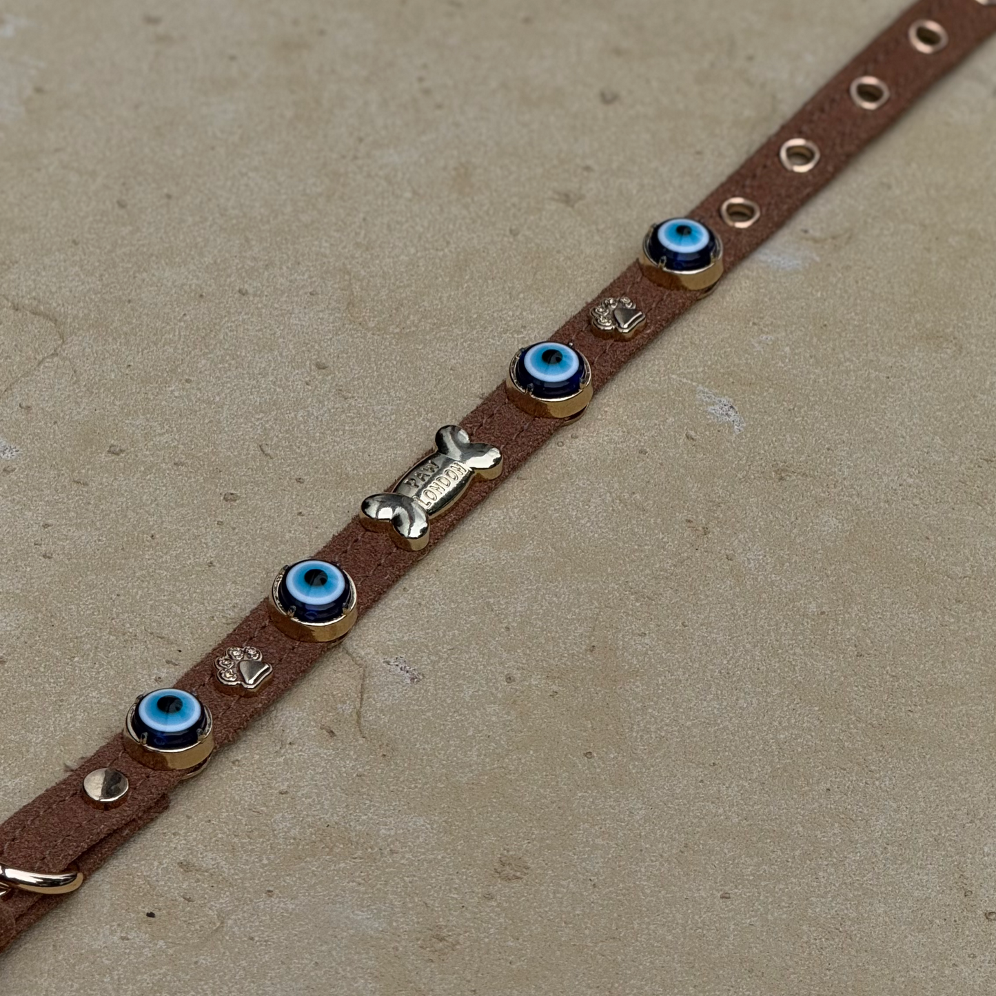 Suede Evil Eye Dog Collar | Shiraz Brown ⚜️ PAW LONDON