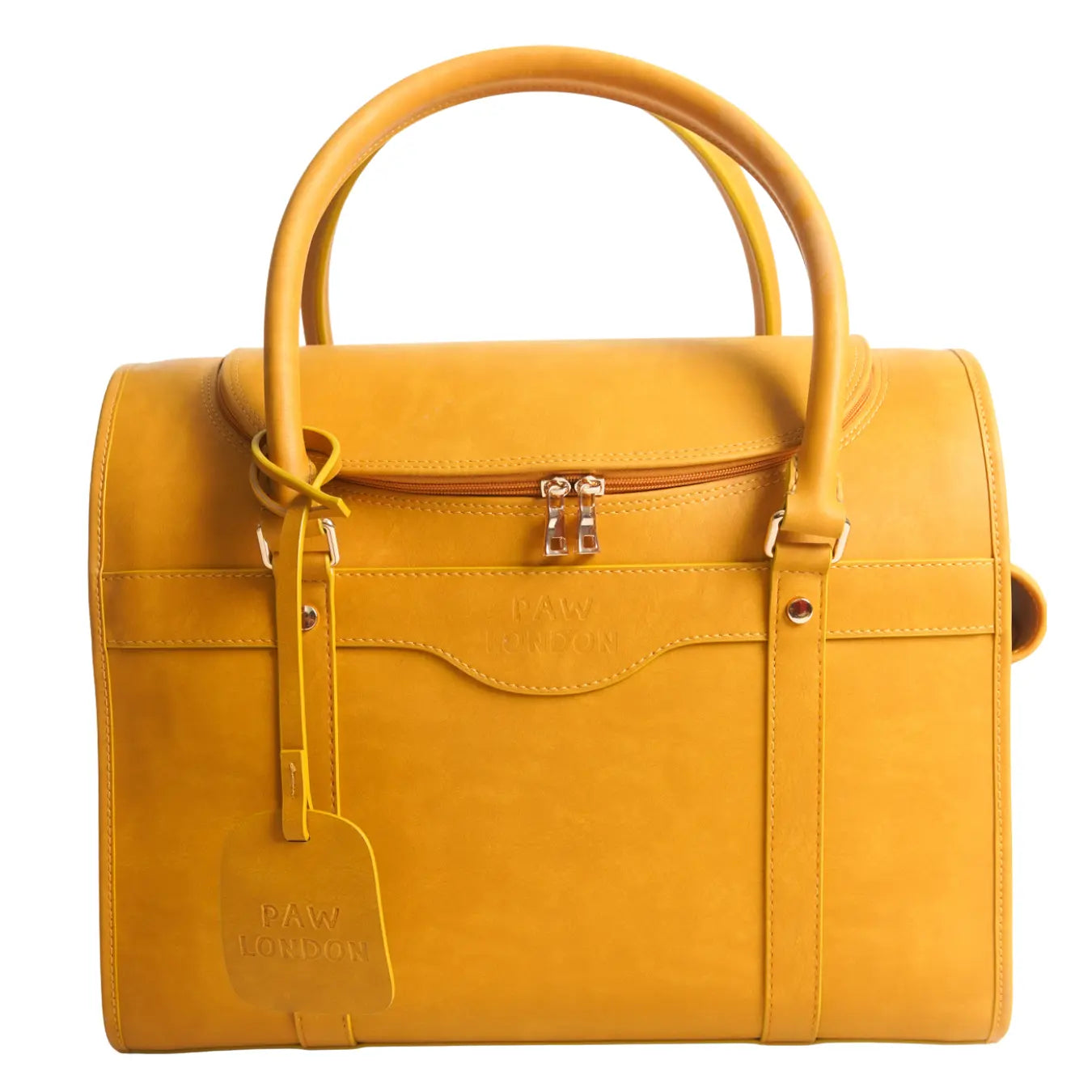 Front view of the Kelly Airline Approved Pet Travel Carrier Bag in Mustard by PAW LONDON, showcasing its elegant design and luxurious vegan leather finish, perfect for stylish pet travel.