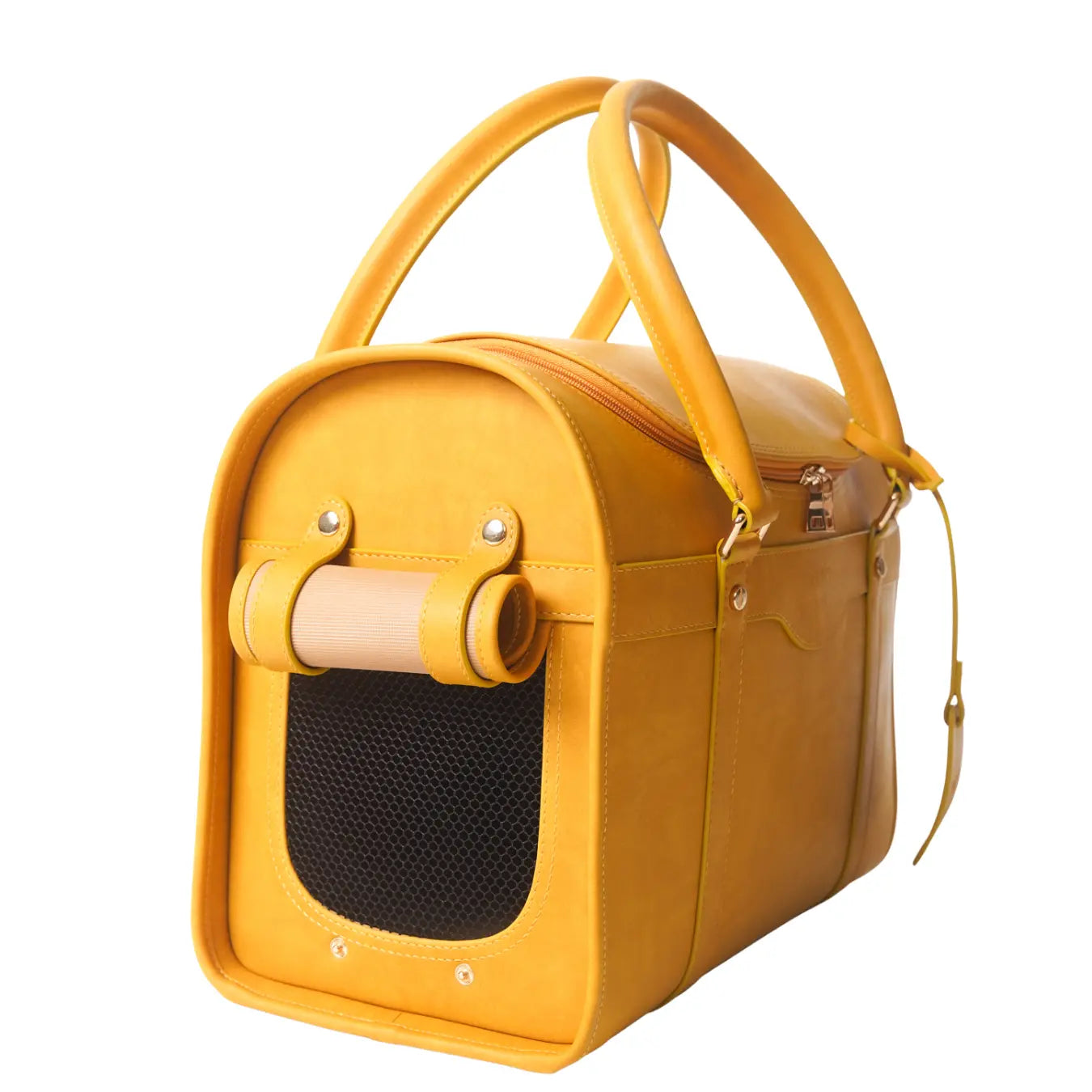 Side view of the Kelly Airline Approved Pet Travel Carrier Bag in Mustard by PAW LONDON, highlighting the mesh side vents for airflow, designed for optimal comfort during travel.