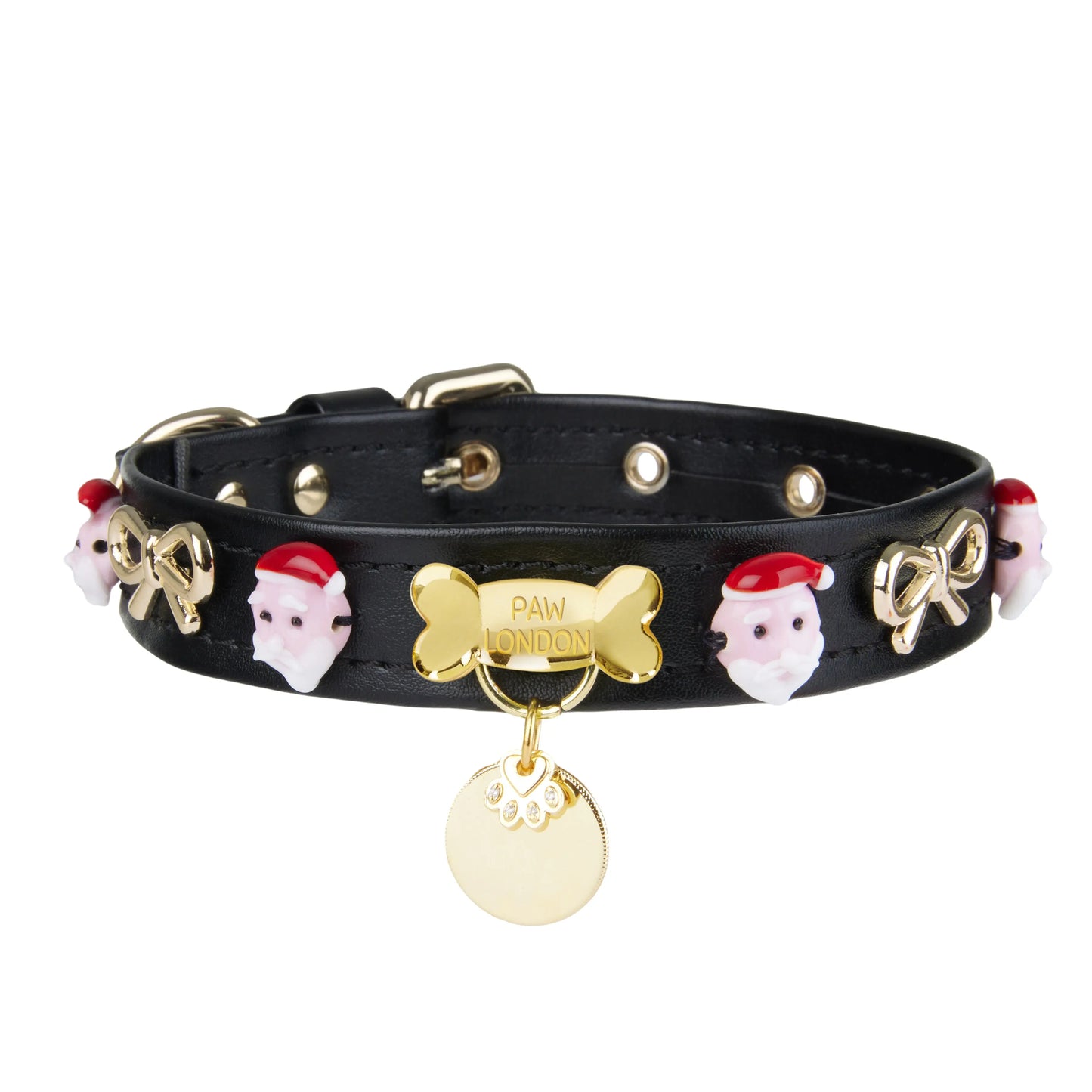 a black leather dog collar with skulls and bones on it