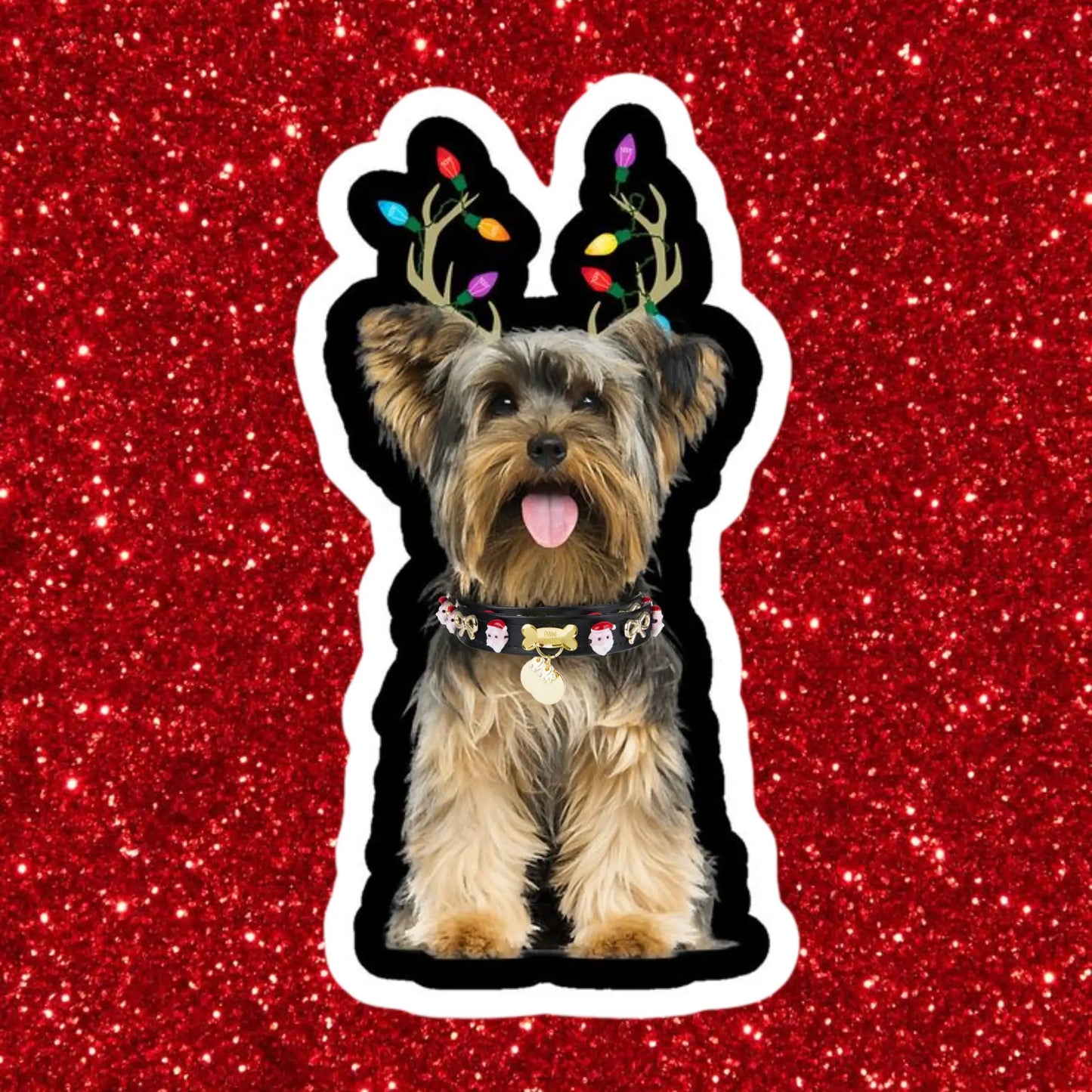 a sticker of a dog wearing reindeer antlers
