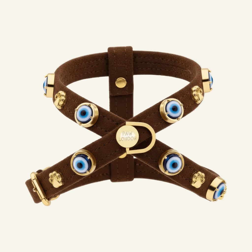 Suede Evil Eye Dog Harness | Bitter Chocolate - PAW LONDON