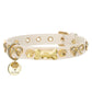 a white leather dog collar with a gold plated dog tag