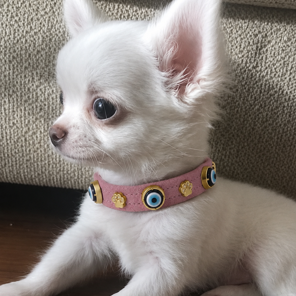 Wildleder-Hundehalsband mit bösem Blick | Zuckerrosa 🦄