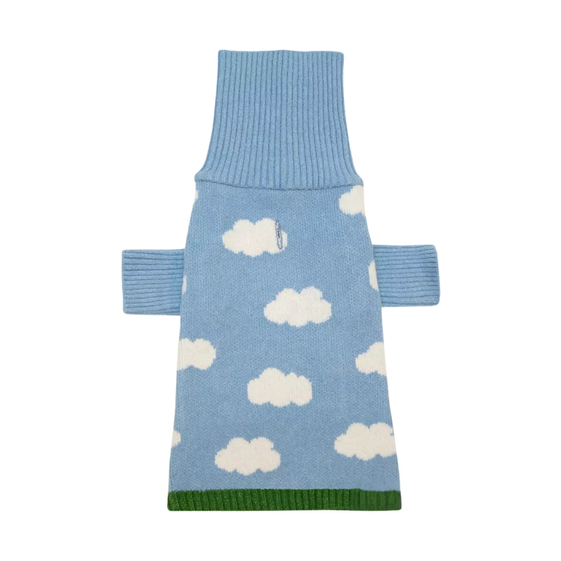 a blue sweater with white clouds on it