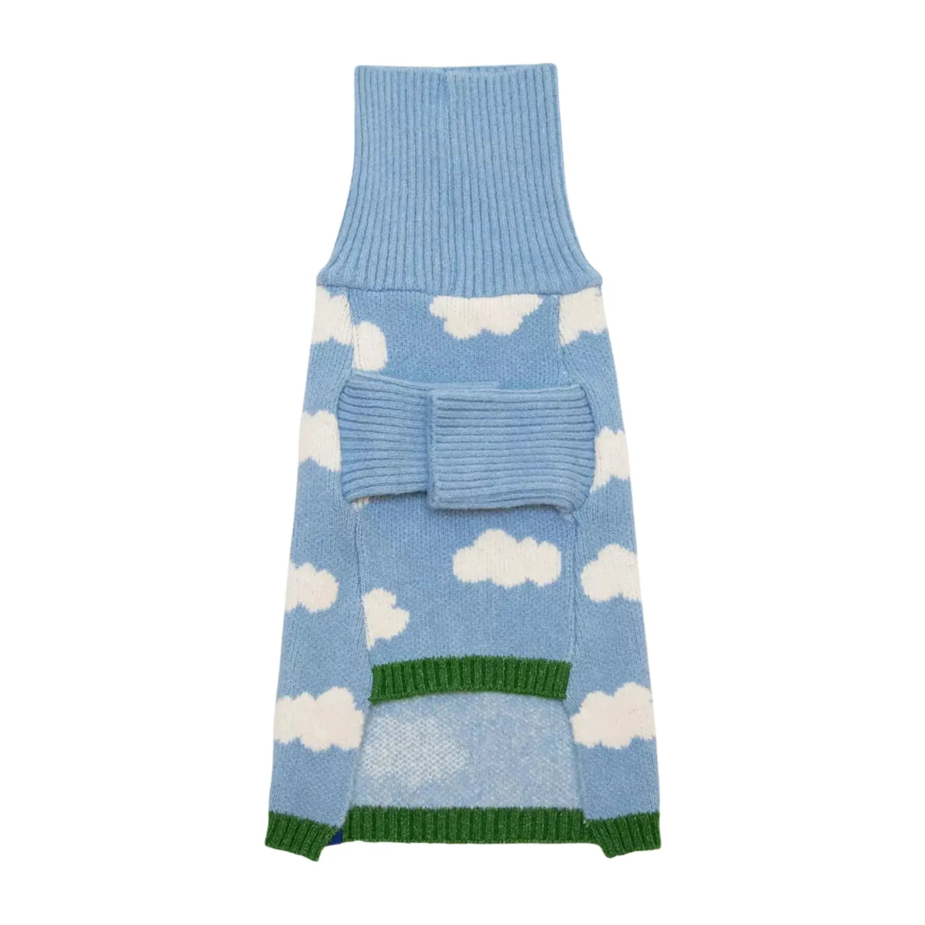 a blue sweater with clouds on it