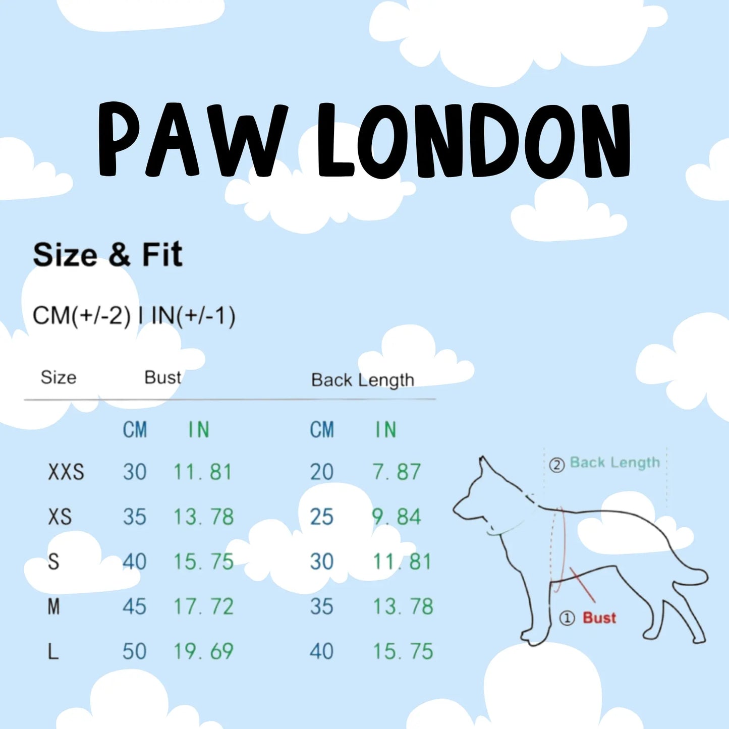 a drawing of a dog on a blue sky with clouds