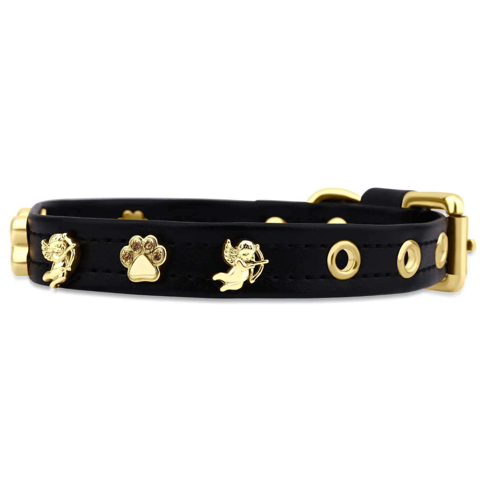 a black leather dog collar with gold metal angels