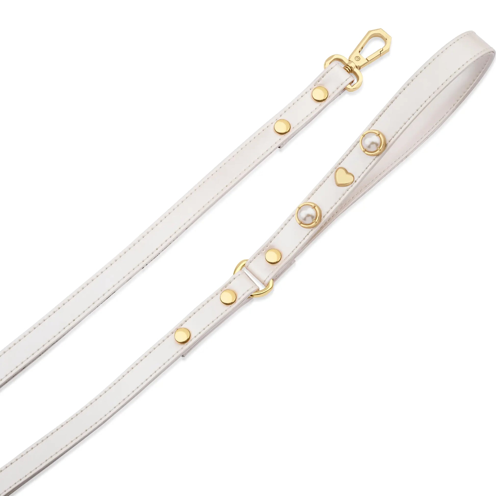 a white leather dog leash with gold hardwares
