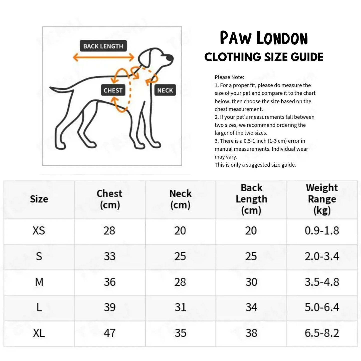 a diagram of a dog's size guide