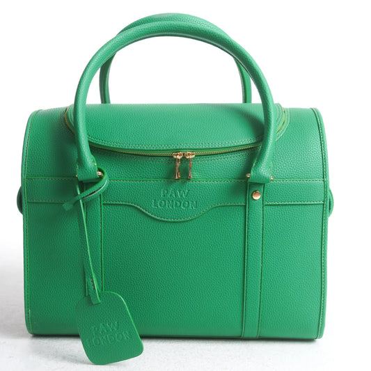 Kelly Airline Approved Pet Travel Carrier Bag in elegant green by PAW LONDON, showcasing high-quality vegan leather and stylish design, perfect for discerning pet owners.