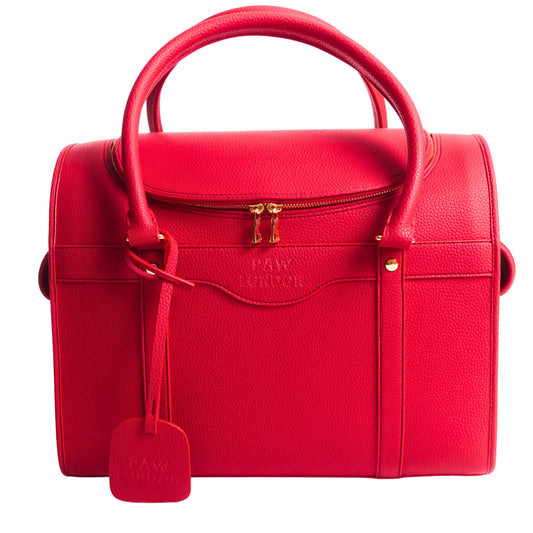Front view of the Kelly Airline Approved Pet Travel Carrier Bag in Love Red by PAW LONDON, showcasing its elegant design and luxurious vegan leather material.