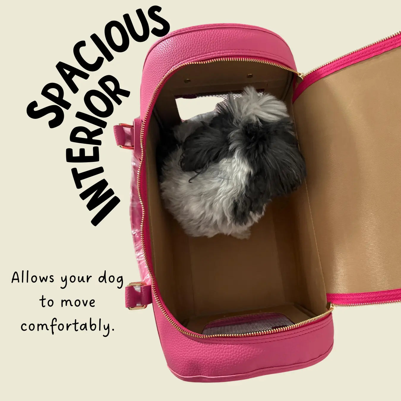 Inside view of the spacious Kelly Airline Approved Pet Travel Carrier Bag by PAW LONDON, featuring a black and white dog comfortably seated. The image highlights the roomy interior that allows pets to move comfortably in this airline approved pet carrier.
