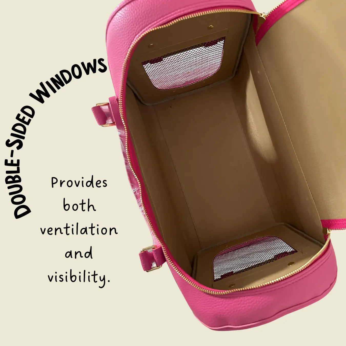 Close-up of the interior of the Kelly Airline Approved Pet Travel Carrier Bag by PAW LONDON, displaying double-sided mesh windows that provide ventilation and visibility. This airline approved pet carrier ensures pets travel in comfort.