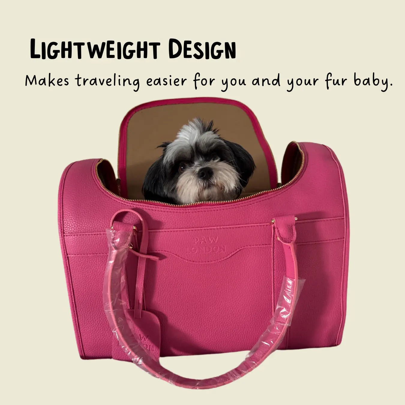 The lightweight design of the Kelly Airline Approved Pet Travel Carrier Bag by PAW LONDON, featuring a black and white dog peeking out. This airline approved pet carrier makes traveling easier for pet owners and their furry companions.