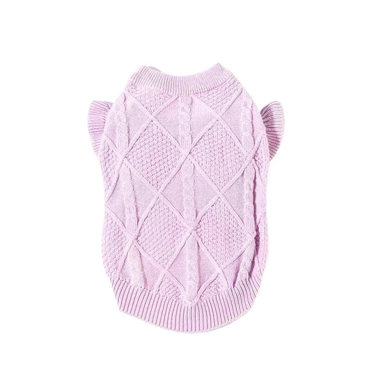 a lilac dog sweater with a diamond pattern