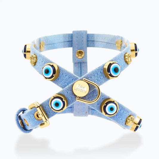 Suede Evil Eye Dog Harness | Azure Blue ⚜️ - PAW LONDON