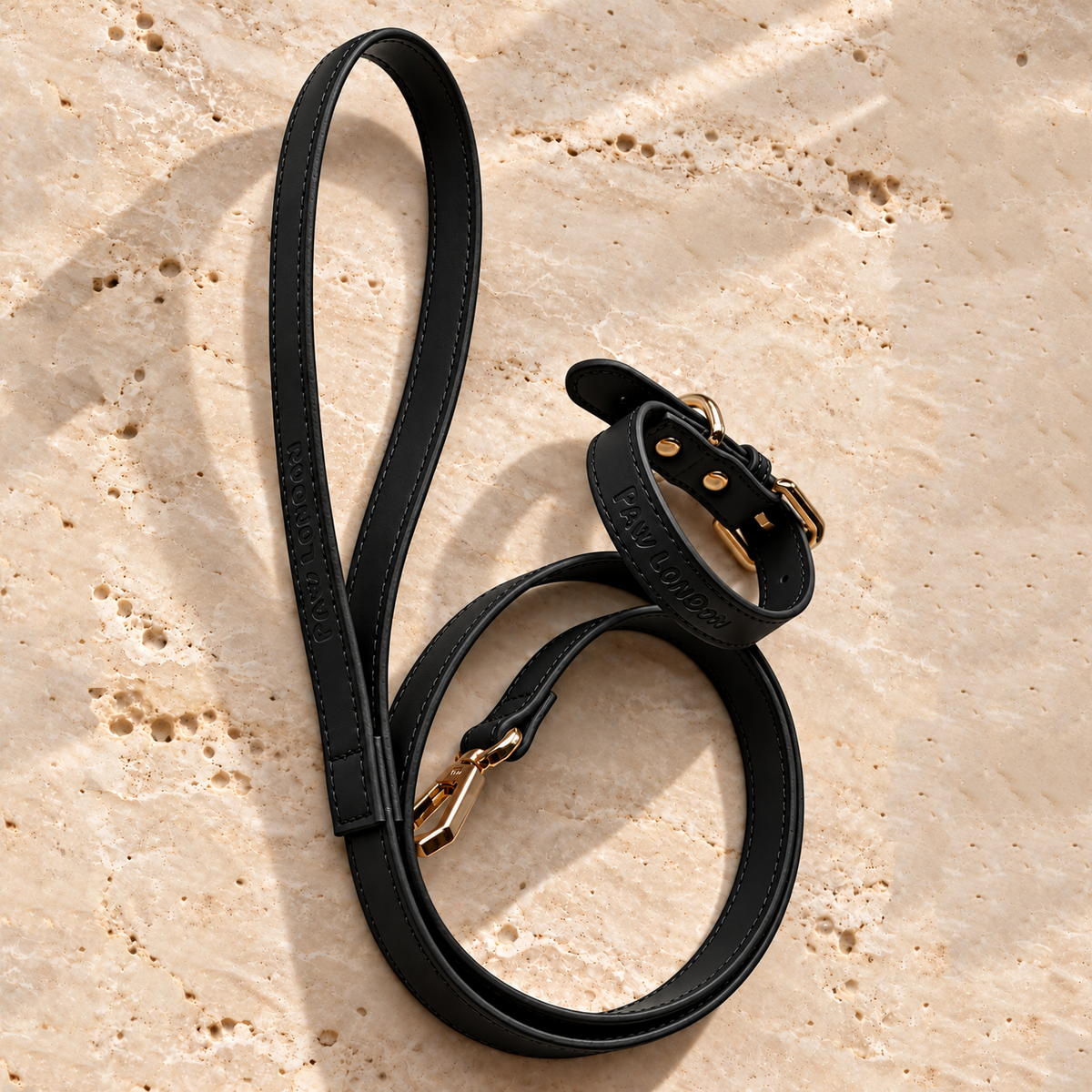 Basic Light dog collar and leash set in Black Matte on travertine