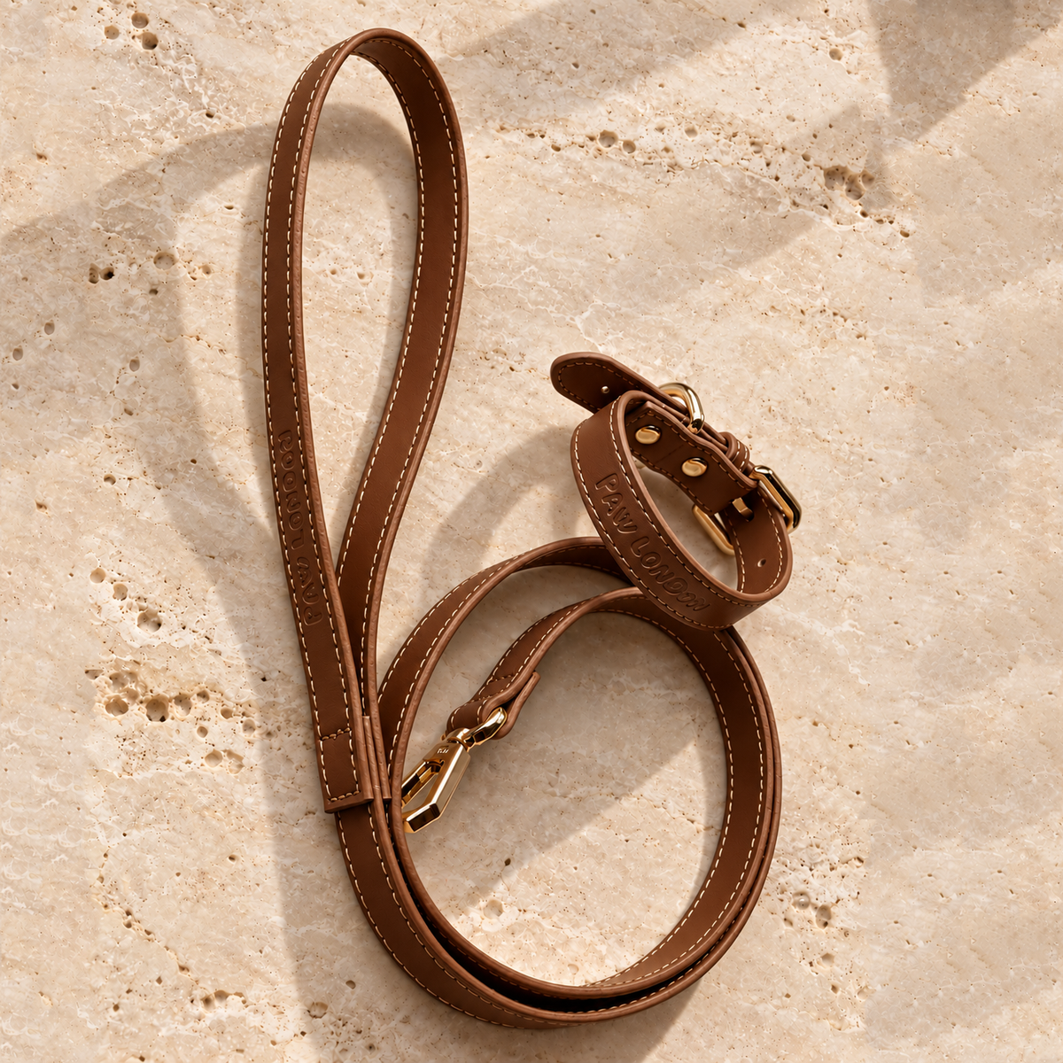 Basic Light dog collar and leash set in Brown Matte on travertine