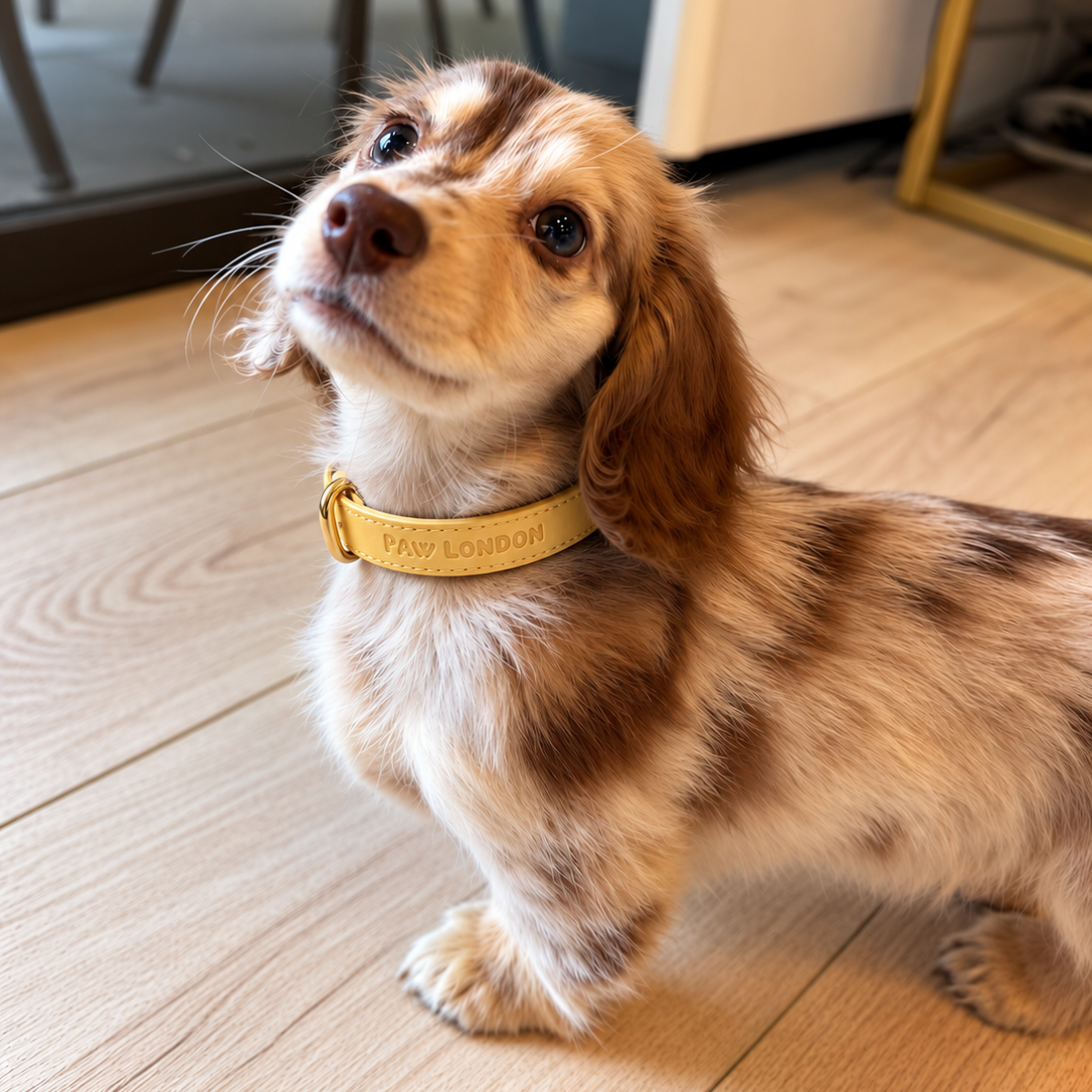 Basic Light Dog Collar | Butter Yellow Matte on a dachshund puppy - PAW LONDON