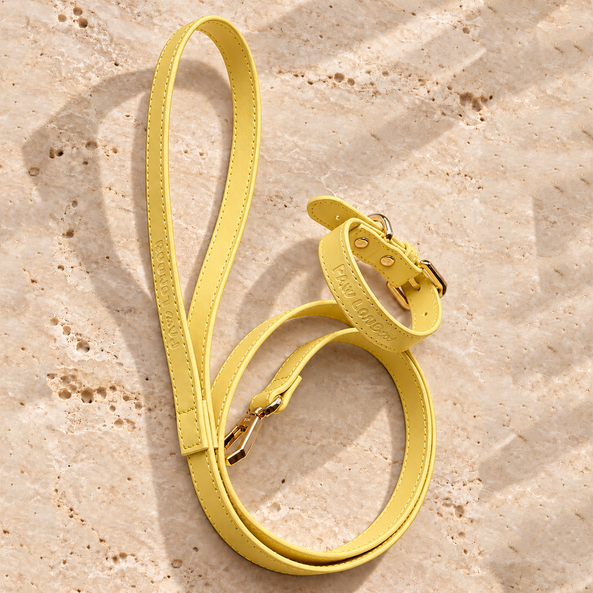Basic Light dog collar and leash set in Butter Yellow Matte on travertine