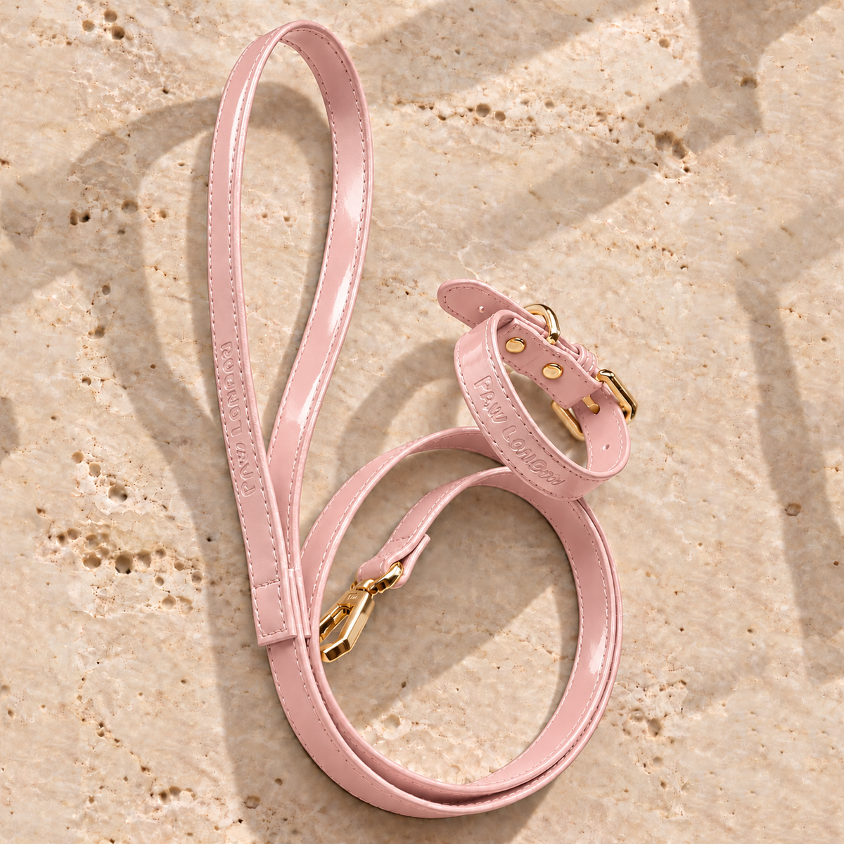Basic Light dog collar and leash set in Soft Pink Glossy on travertine