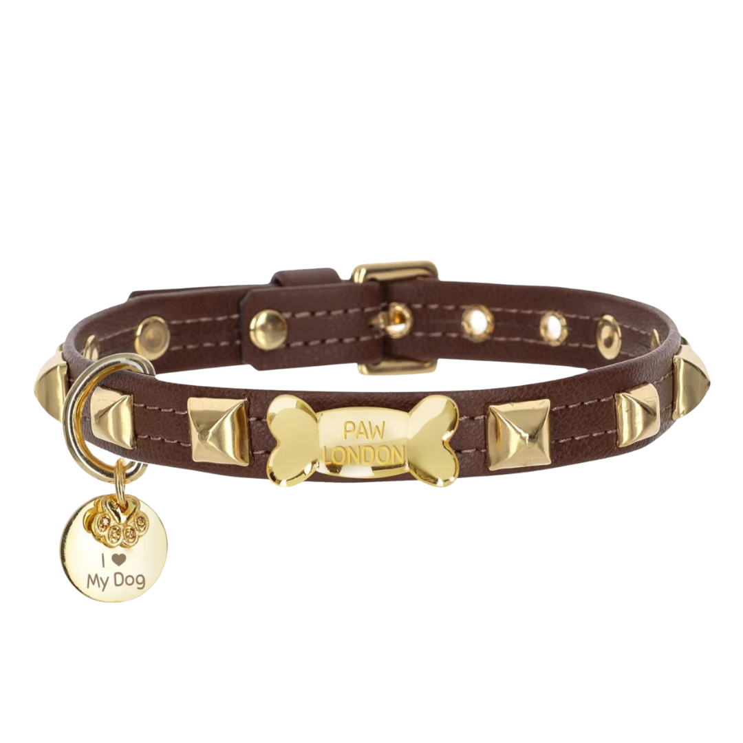 Pawlentino Rockstud Dog Collar | Gold on Brown 🪨 PAW LONDON