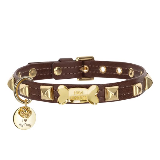 Pawlentino Rockstud Dog Collar | Gold on Brown 🪨 PAW LONDON