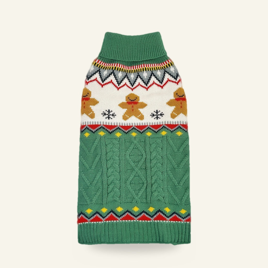 Green gingerbread Fair Isle dog jumper