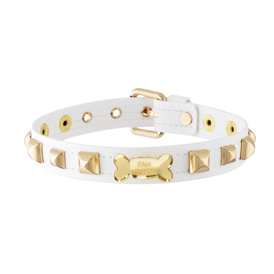 Pawlentino Rockstud Dog Collar | Gold on White 🪨 PAW LONDON
