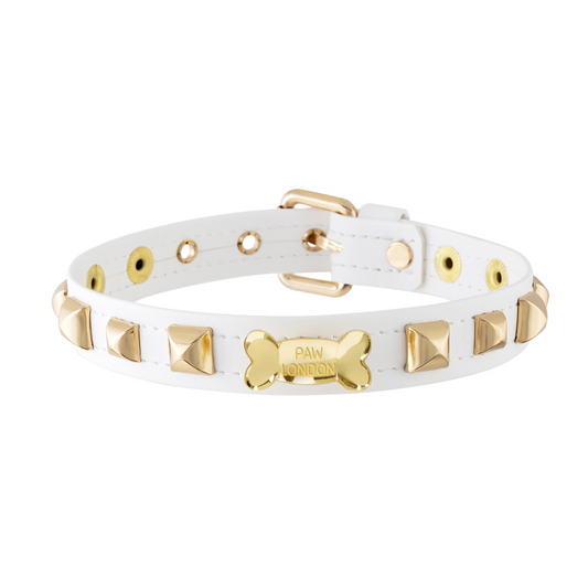 Pawlentino Rockstud Dog Collar | Gold on White 🪨 PAW LONDON