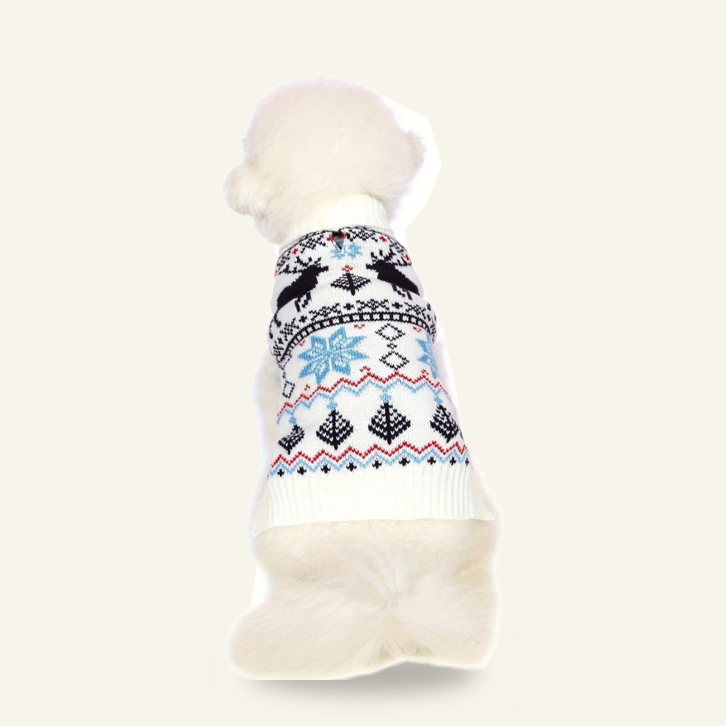 Dog wearing the Nordic reindeer jumper, back view