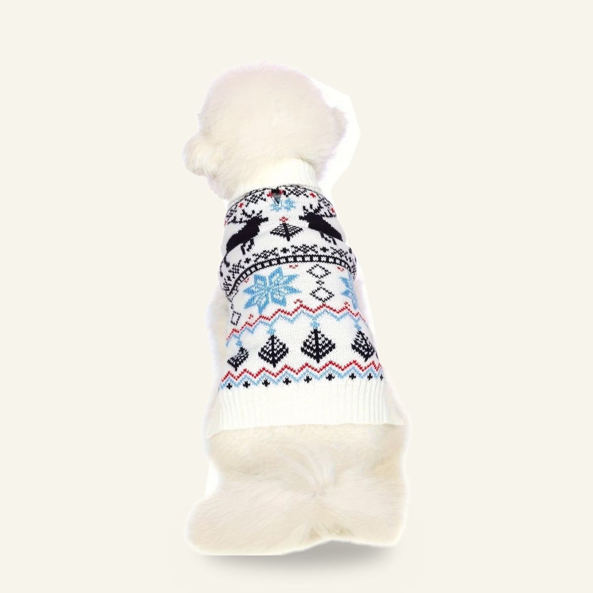 Dog wearing the Nordic reindeer jumper, back view