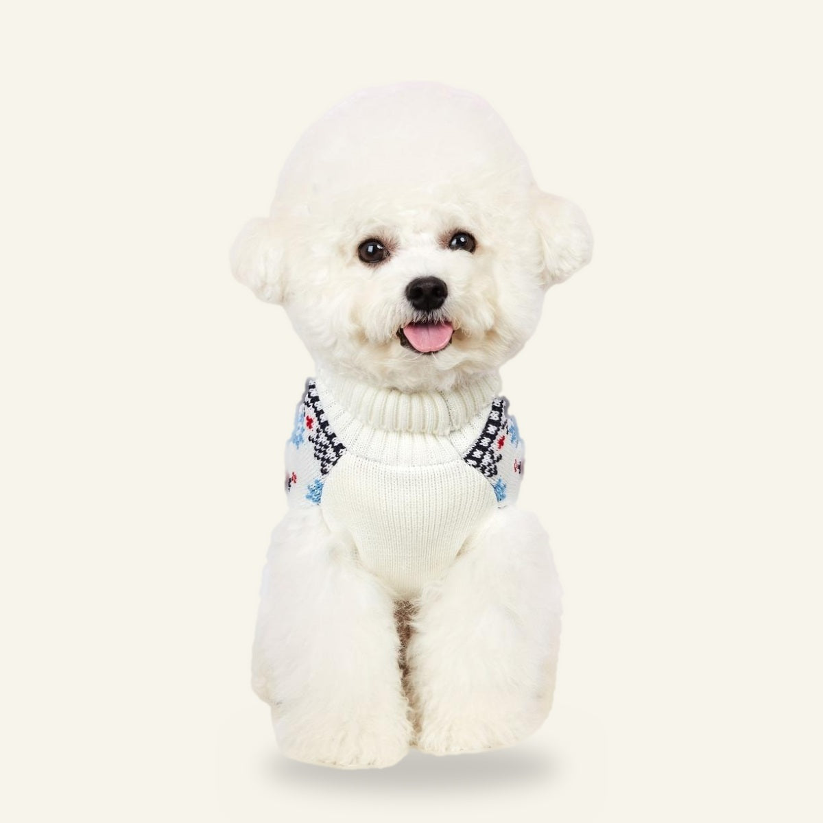 Dog wearing the Nordic reindeer jumper, front view