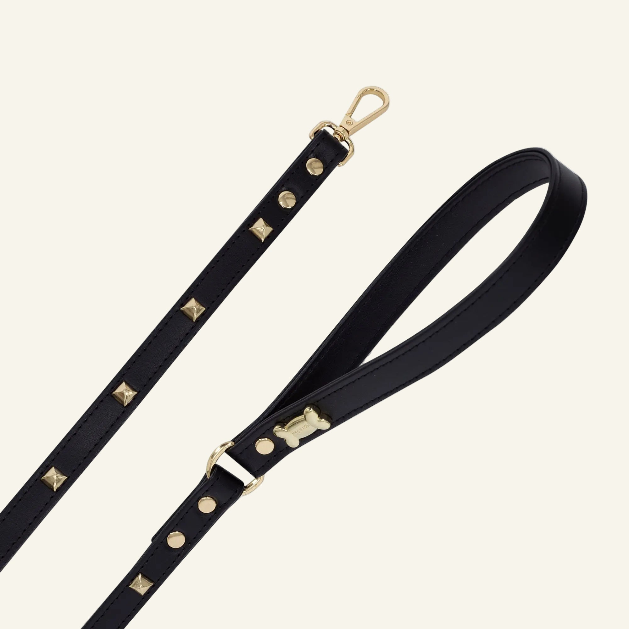 Pawlentino Rockstud Black Vegan Leather Dog Leash with Gold Plated Bone - PAW LONDON