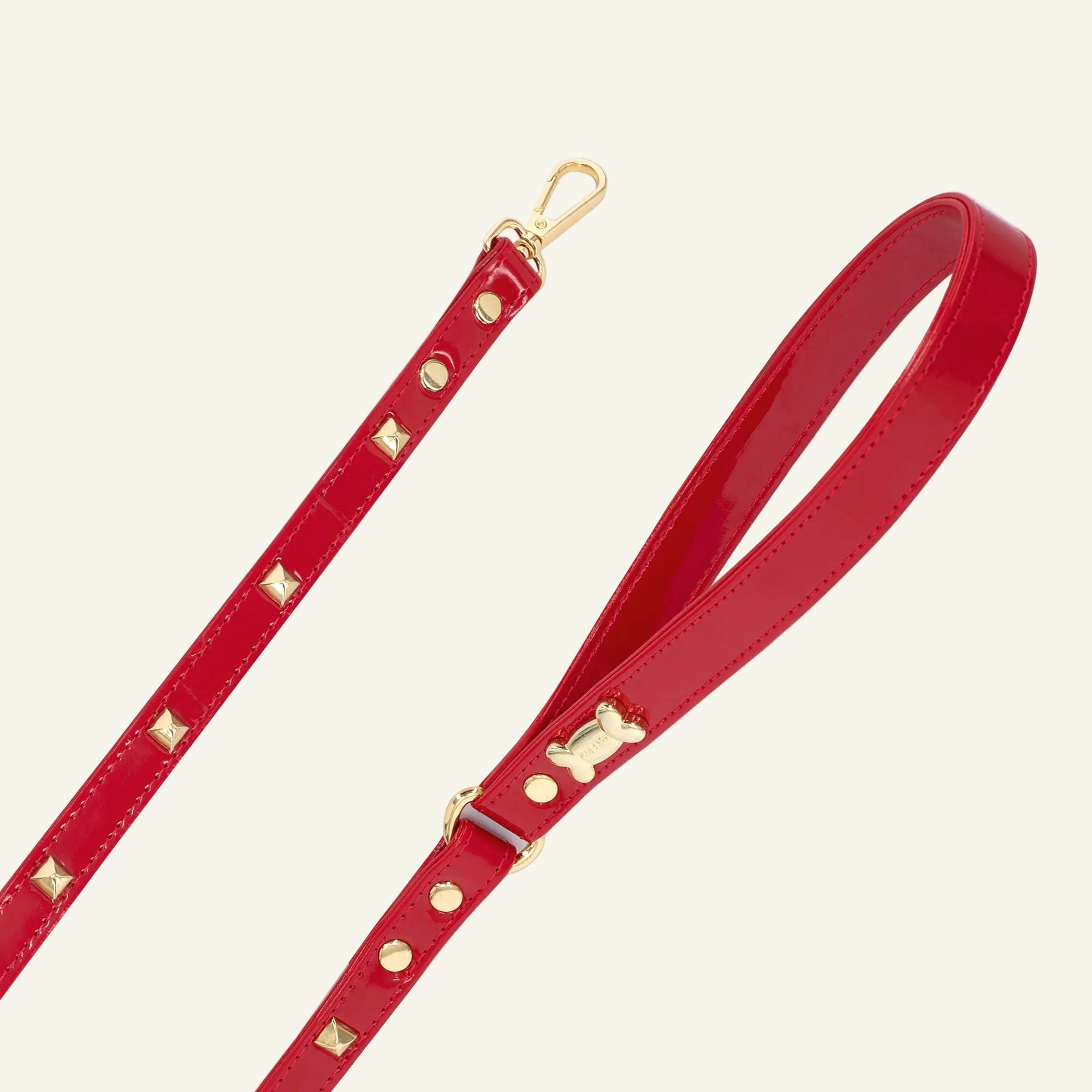 Pawlentino Rockstud Red Vegan Leather Dog Lead with Gold Plated Bone - PAW LONDON