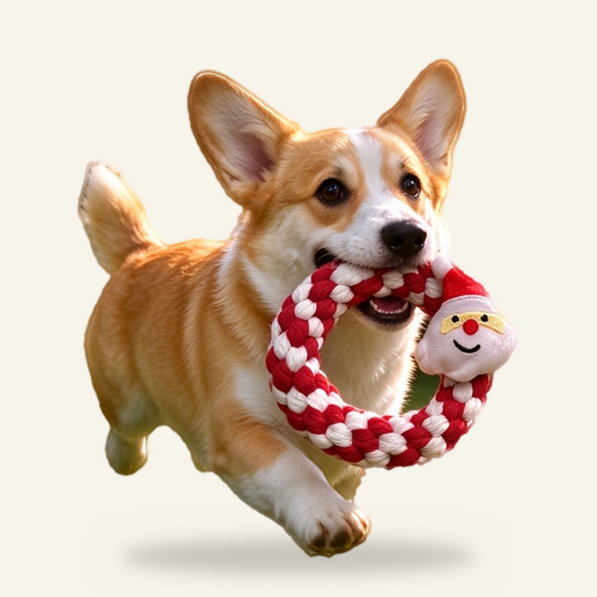 Corgi running with the Santa rope ring toy