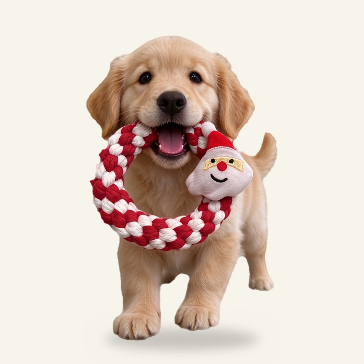 Puppy carrying the Santa rope ring toy