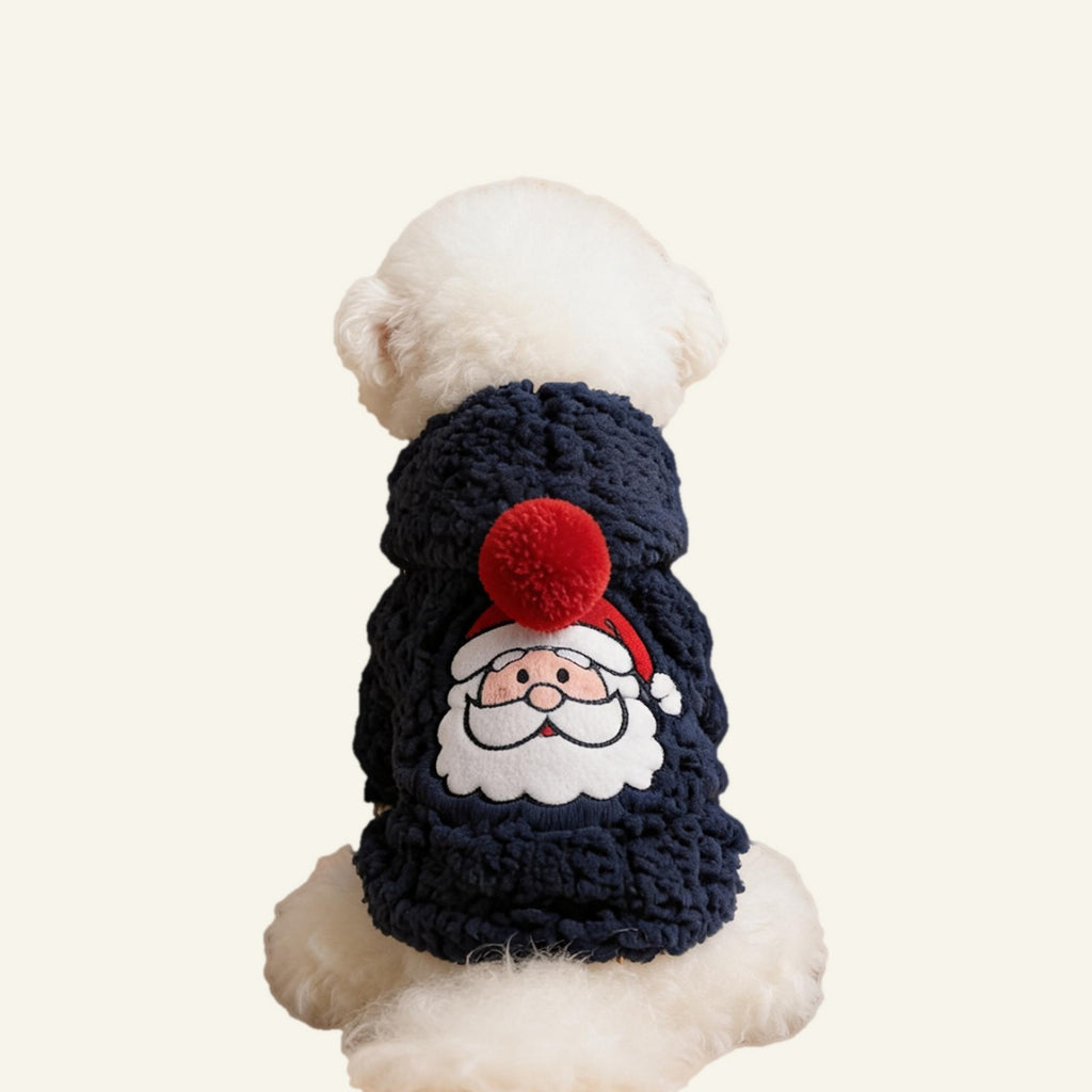Dog wearing the navy Santa sherpa hoodie