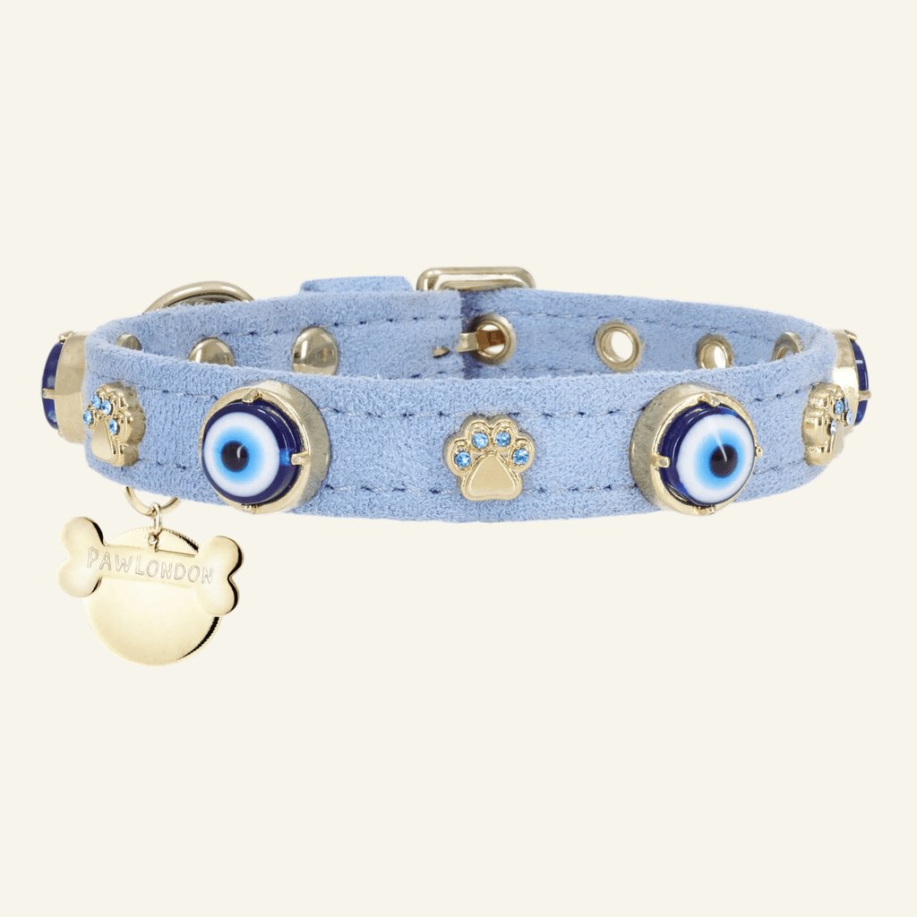 Suede Evil Eye Dog Collar | Azure Blue ⚜️ - PAW LONDON