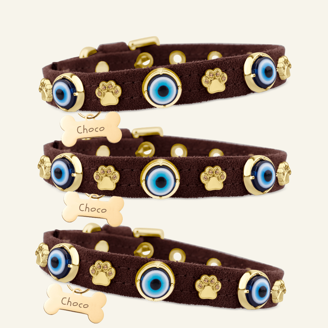 Suede Evil Eye Dog Collar | Bitter Chocolate 🍫 - PAW LONDON