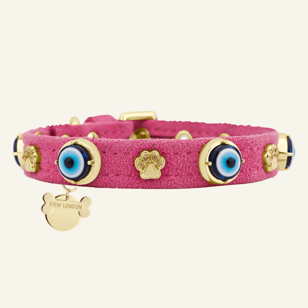 Suede Evil Eye Dog Collar | Hot Pink 💘 - PAW LONDON