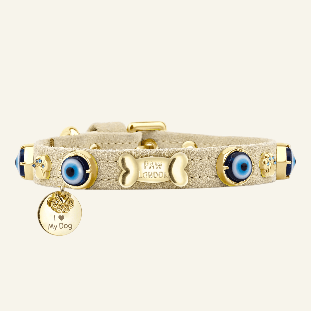 Suede Evil Eye Dog Collar | Sand Beige ⚜️ - PAW LONDON