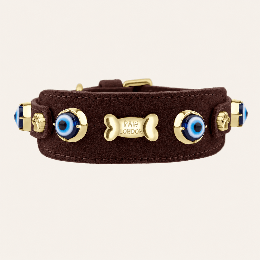 Suede Evil Eye Hound Collar | Bitter Chocolate - PAW LONDON