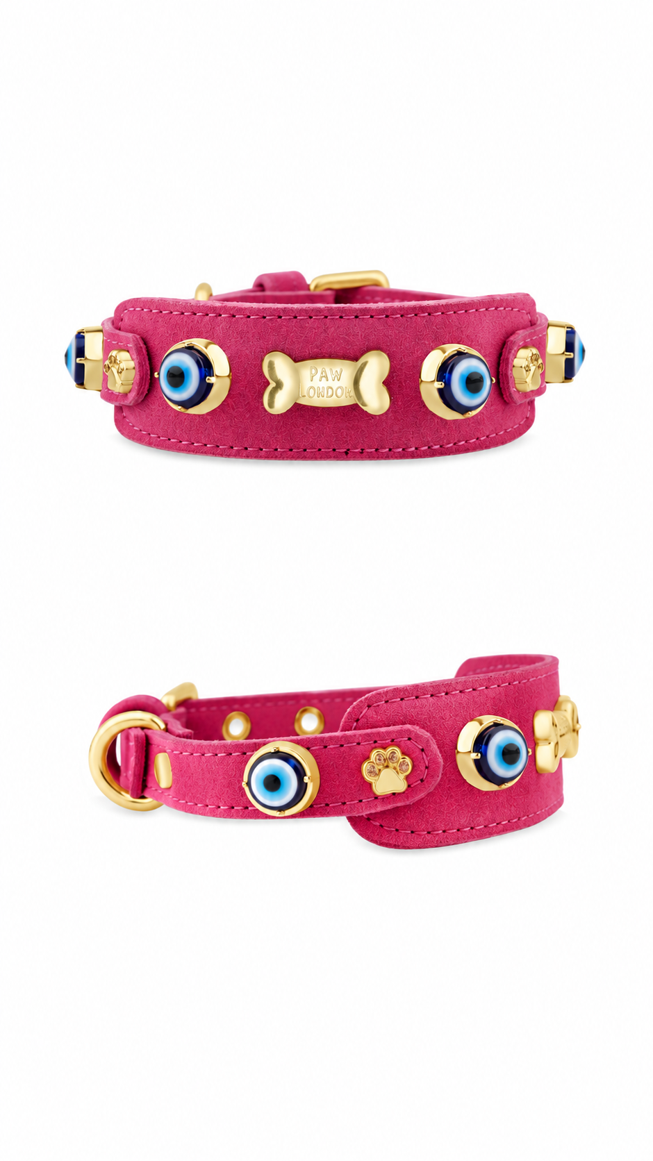 Suede Evil Eye Hound Collar in Hot Pink Fuchsia - PAW LONDON