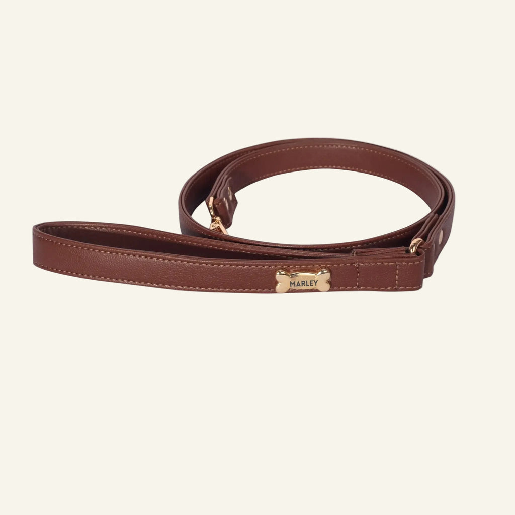 Dog Lead with Gold Plated Bone | Brown 🐾 - PAW LONDON